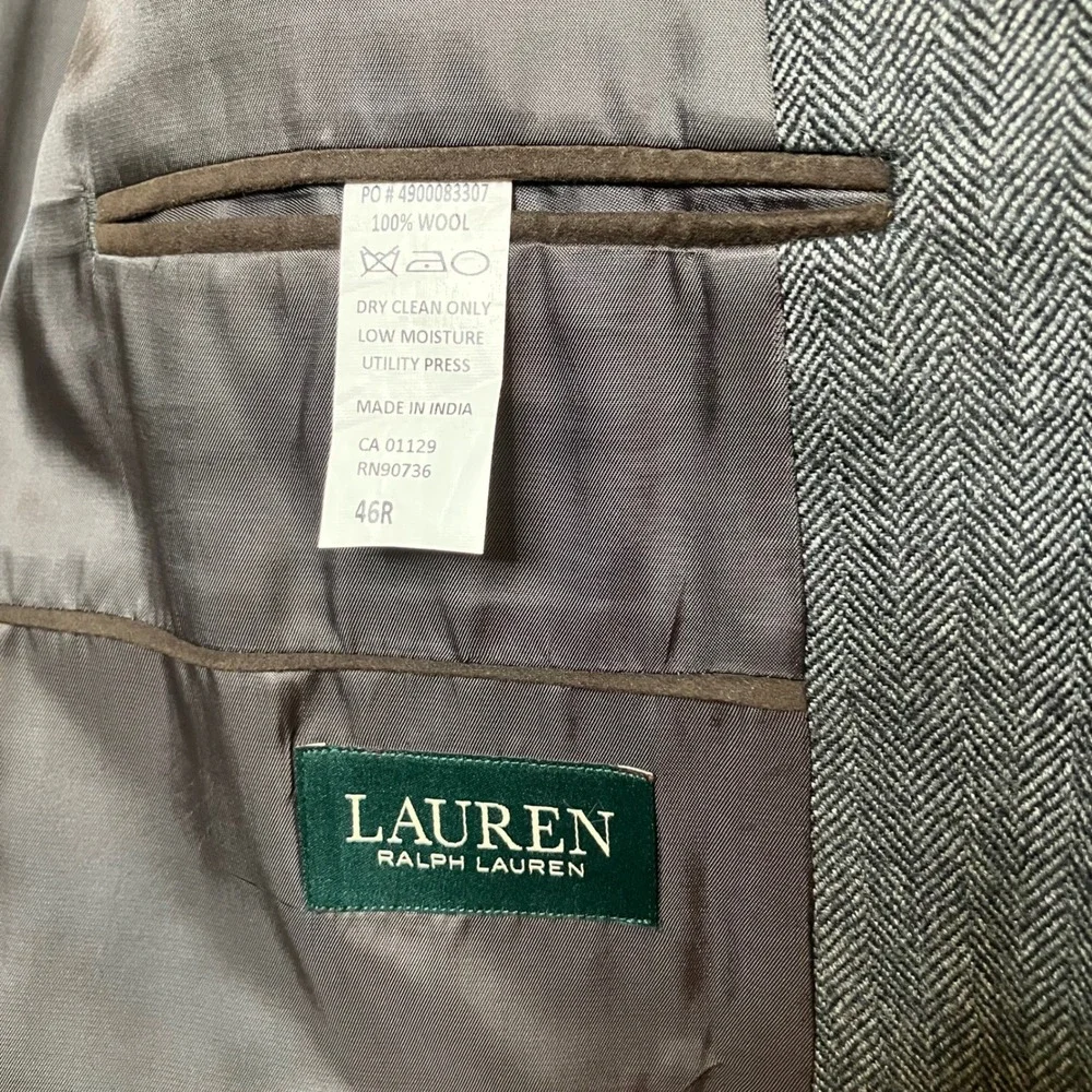 VTG Ralph Lauren Wool Sport Coat Blazer Men 46R Grey Herringbone Preppy Heritage